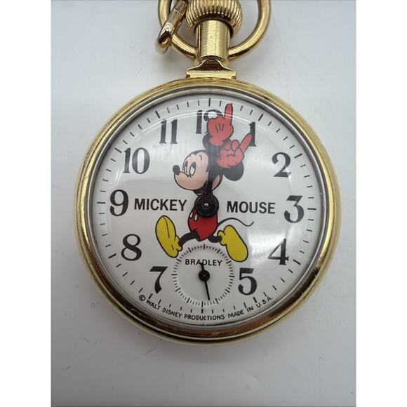 Vintage 1970\'s Bradley Mickey Mouse Wind up Pocket Watch WORKS Complete W Chain